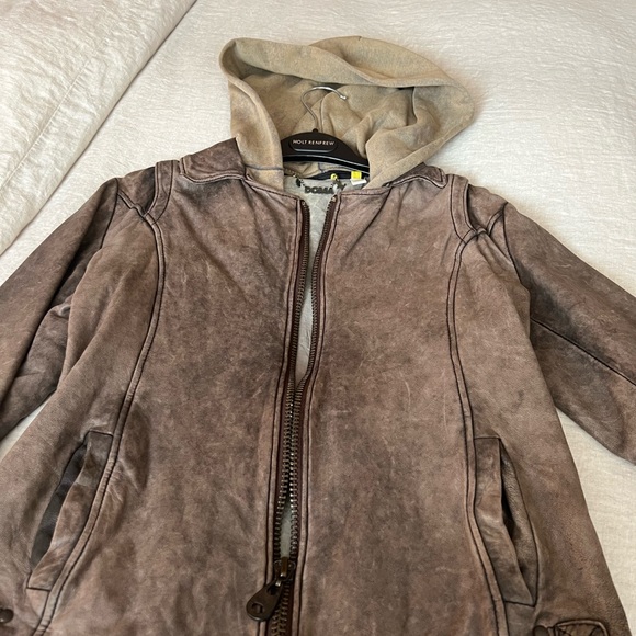 Woman’s brown, leather jacket. Size S. Attached hood. Purchased at Holt Renfrew. - Picture 1 of 9